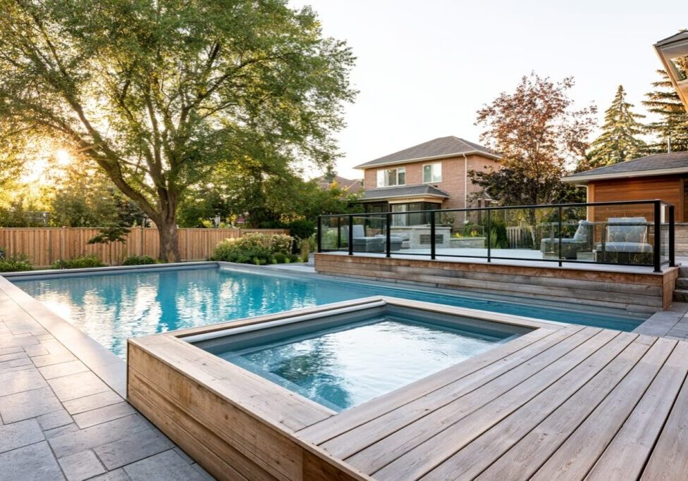 Elevated spa beside an inground pool with a compliant guardrail on the raised deck in an Ontario residential backyard