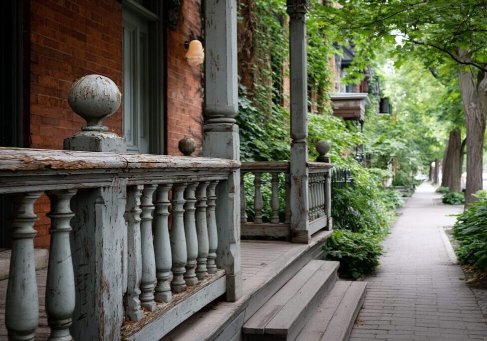 A heritage Toronto front porch with a traditional wood railing, the focus of heritage railing permit rules