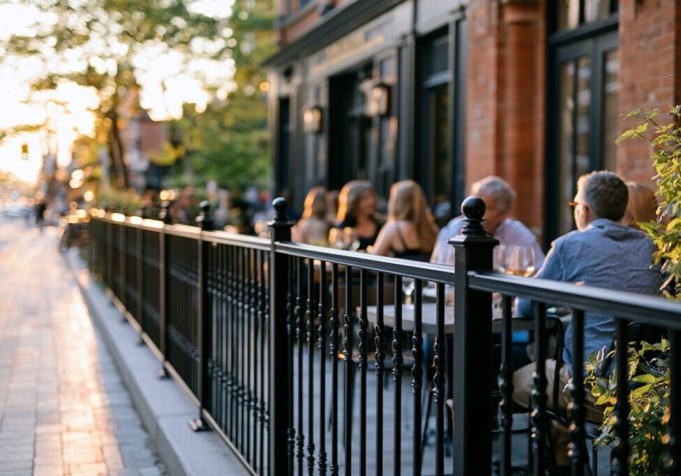 Toronto restaurant patio with perimeter railing serving alcohol under AGCO licensing