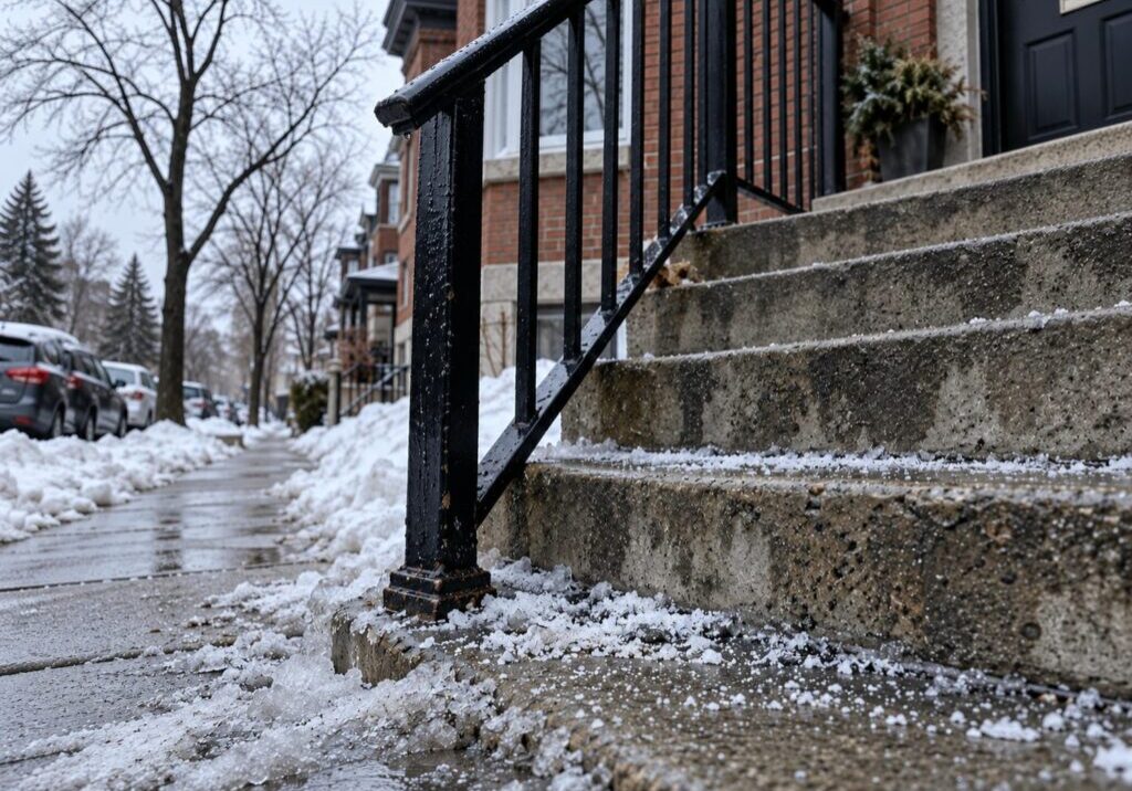 Black steel porch railing beside concrete front steps covered in grey slush and road salt on a Toronto street in late winter