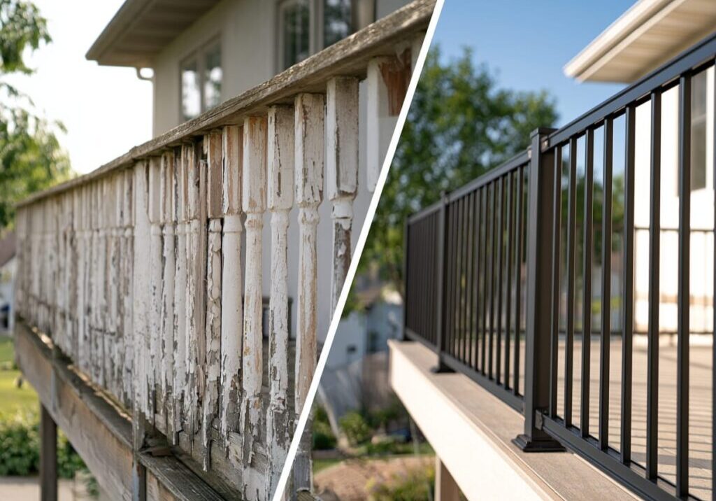 Side-by-side comparison of an old wooden deck railing with peeling paint and a new black aluminum railing